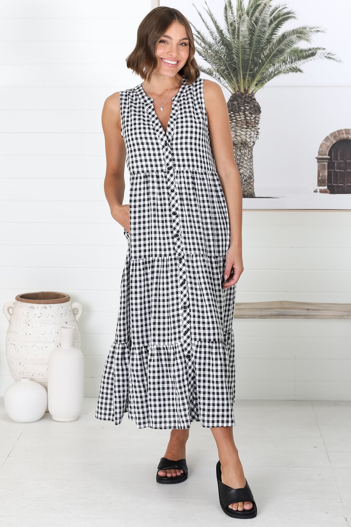 Acelle Midi Dress - Sleeveless Bermuda Collar Button Down Gingham Dress in Black