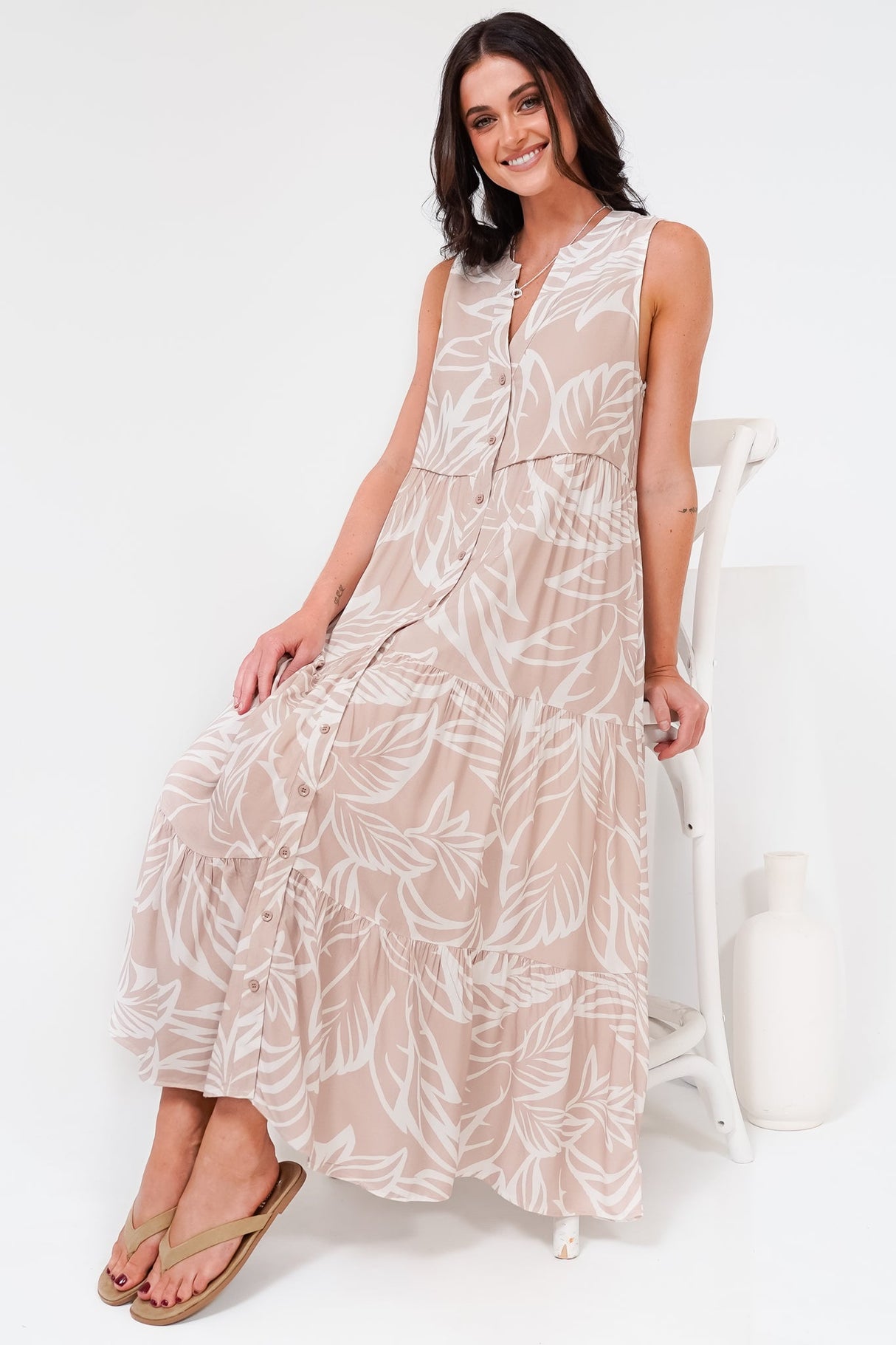 Acelle Midi Dress - Sleeveless Bermuda Collar Button Down Dress in Jeani Print Beige