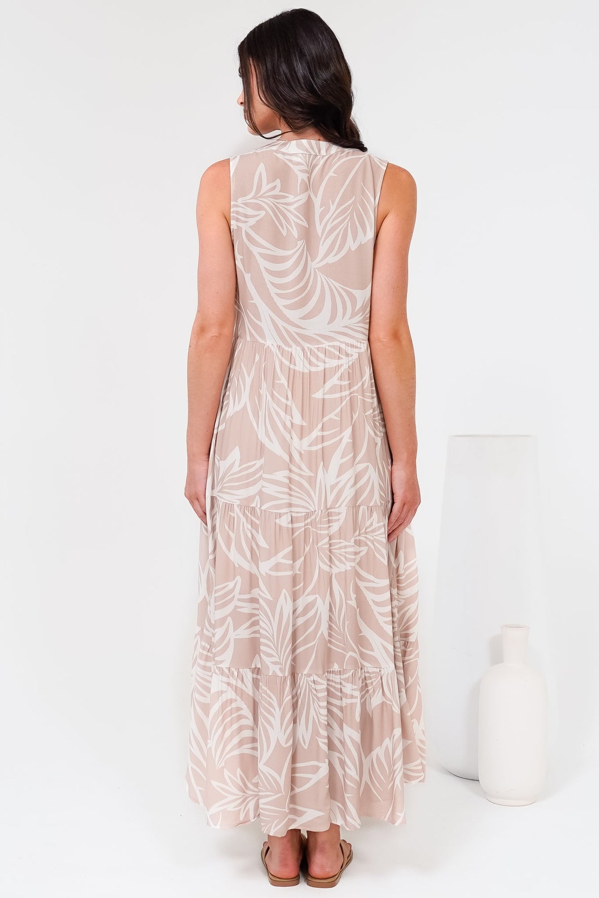 Acelle Midi Dress - Sleeveless Bermuda Collar Button Down Dress in Jeani Print Beige