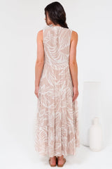 Acelle Midi Dress - Sleeveless Bermuda Collar Button Down Dress in Jeani Print Beige