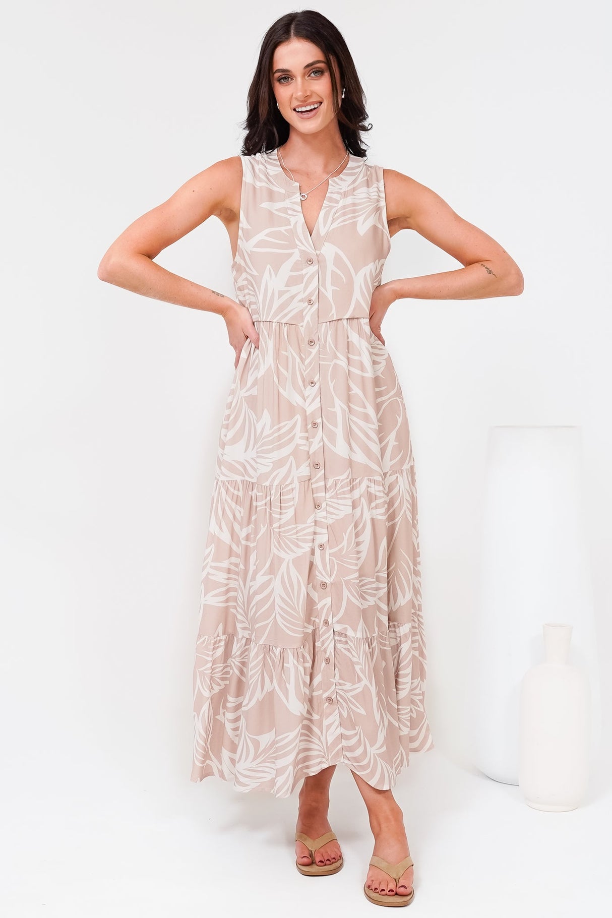 Acelle Midi Dress - Sleeveless Bermuda Collar Button Down Dress in Jeani Print Beige