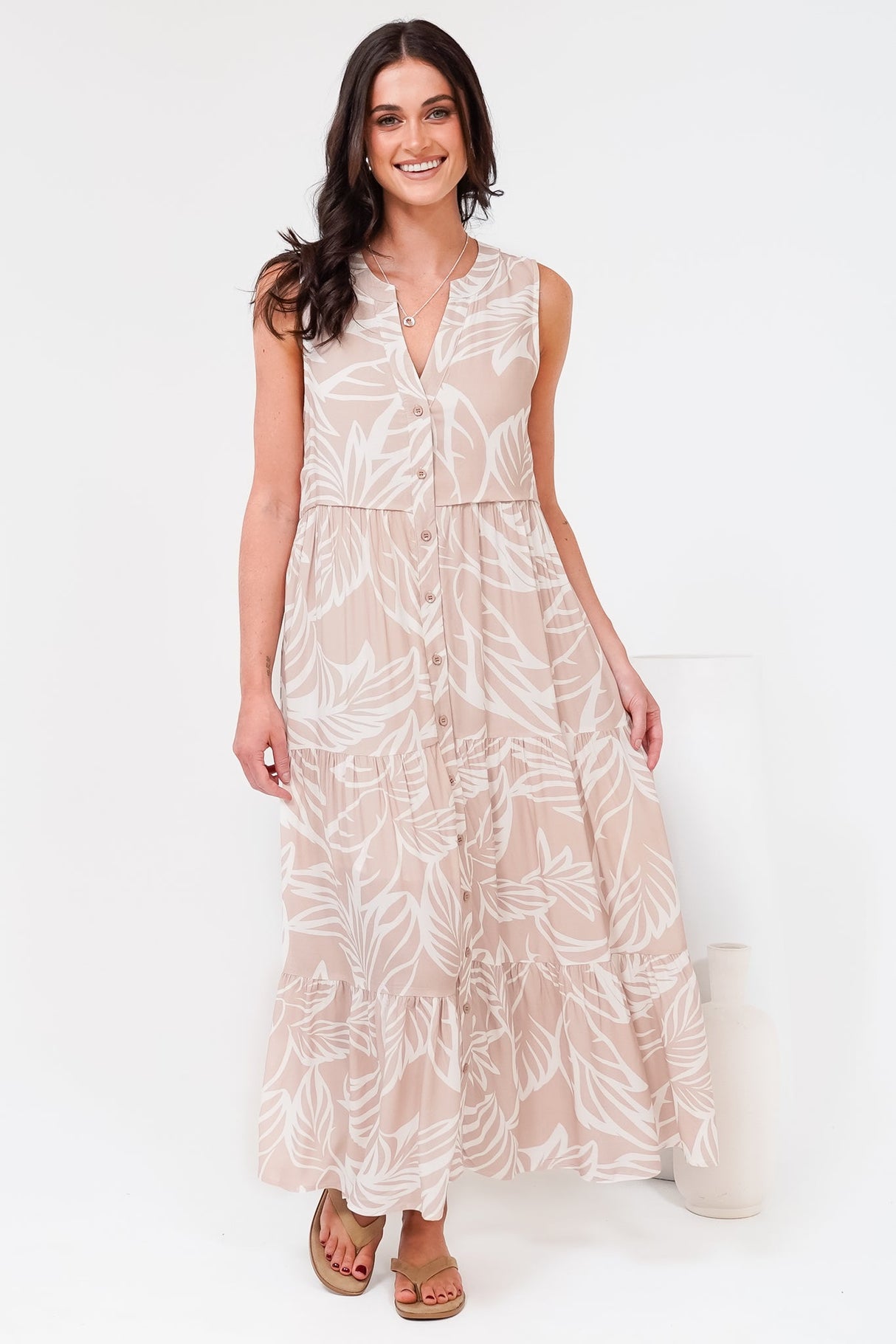 Acelle Midi Dress - Sleeveless Bermuda Collar Button Down Dress in Jeani Print Beige