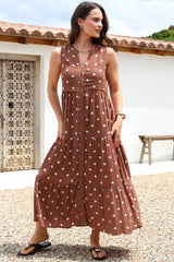 Acelle Midi Dress - Sleeveless Bermuda Collar Button Down Dress in Parisian Polka Rust