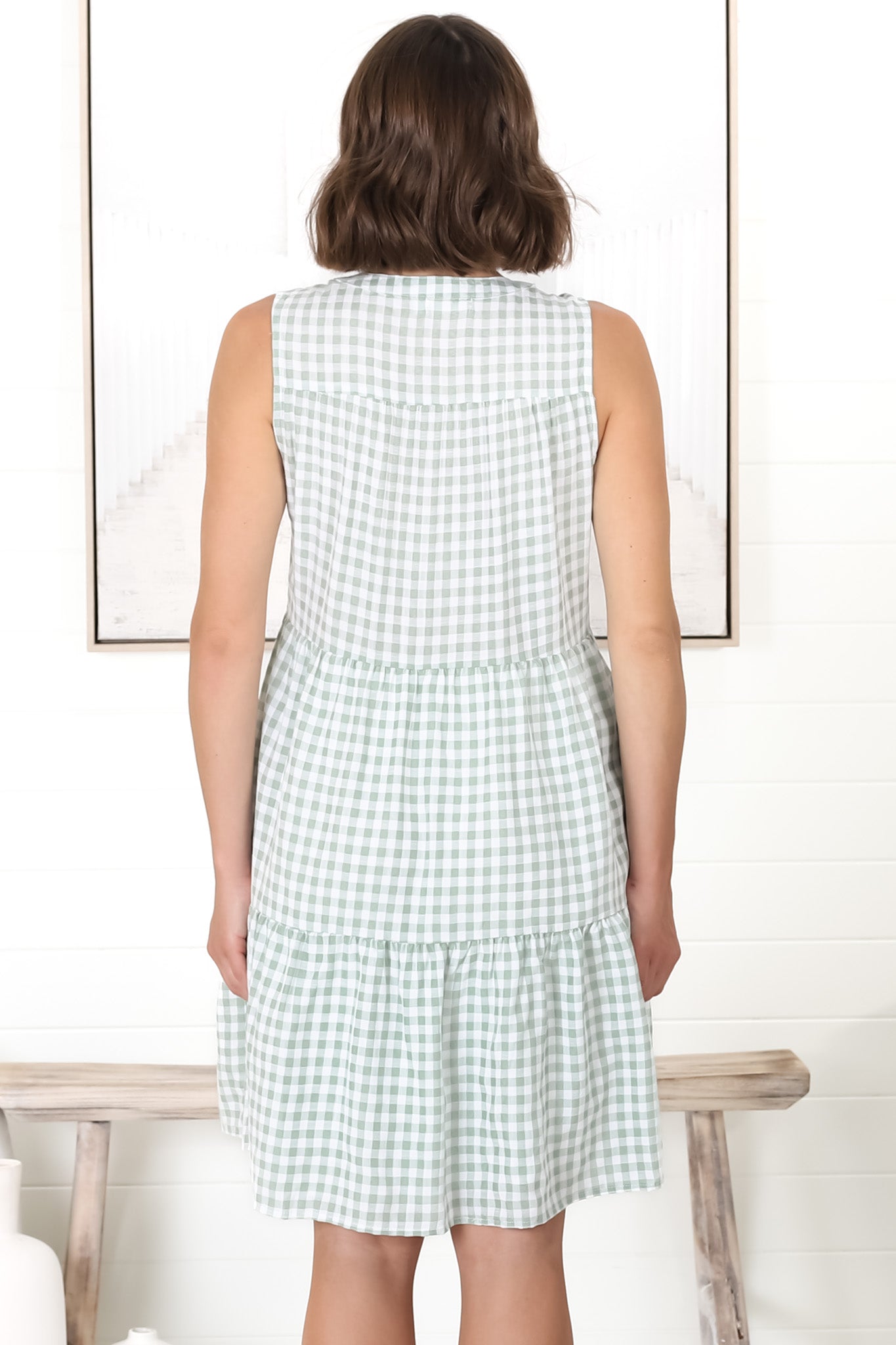 Acelle Mini Dress - Sleeveless Bermuda Collar Button Down Gingham Dress in Green