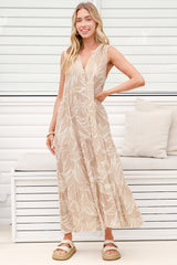 Model wearing Acelle Midi Dress in Jeani Print Beige from Salty Crush