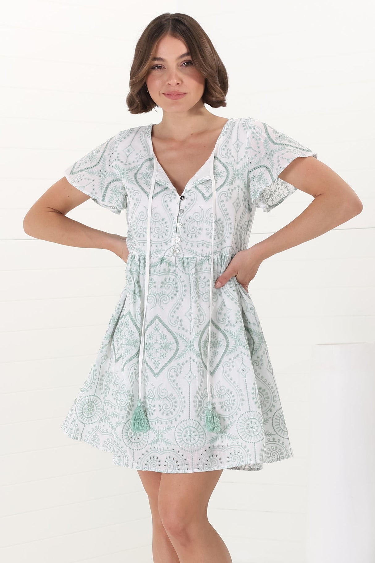 Achanti Mini Dress - Cotton Lace Overlay Cap Sleeve Smock Dress in Green