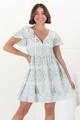 Achanti Mini Dress - Cotton Lace Overlay Cap Sleeve Smock Dress in Green