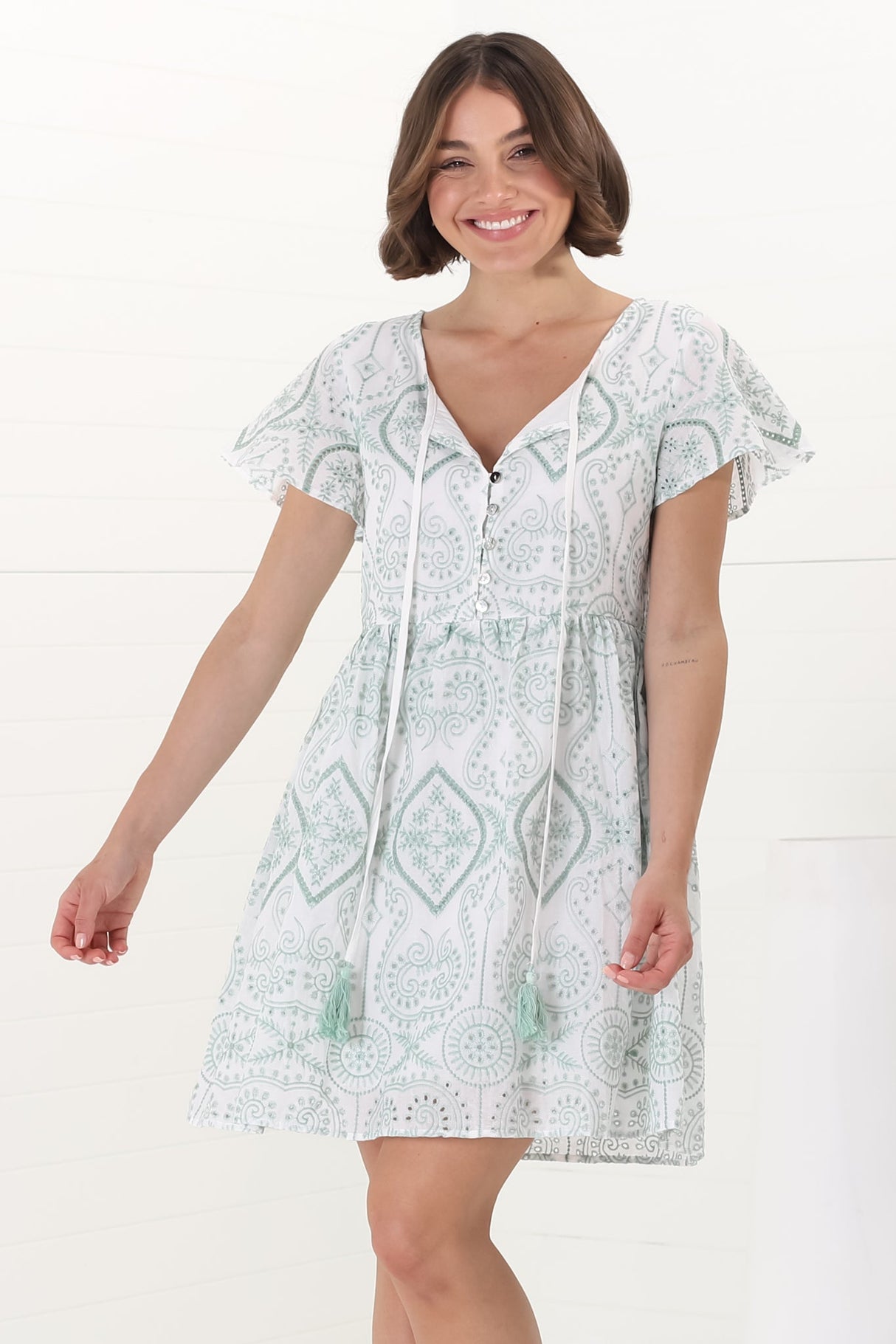 Achanti Mini Dress - Cotton Lace Overlay Cap Sleeve Smock Dress in Green