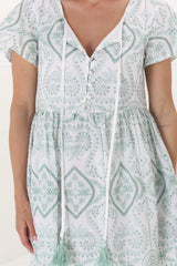 Achanti Mini Dress - Cotton Lace Overlay Cap Sleeve Smock Dress in Green