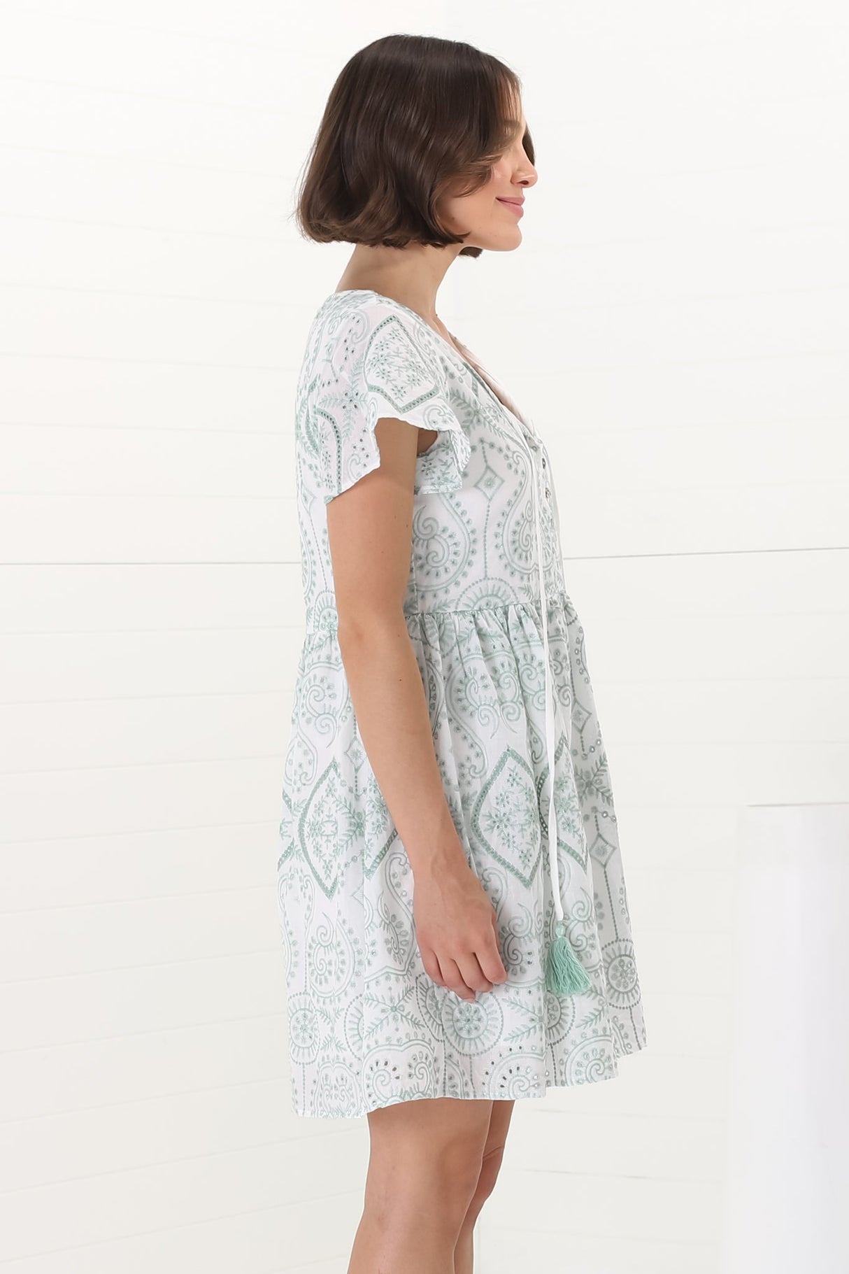 Achanti Mini Dress - Cotton Lace Overlay Cap Sleeve Smock Dress in Green