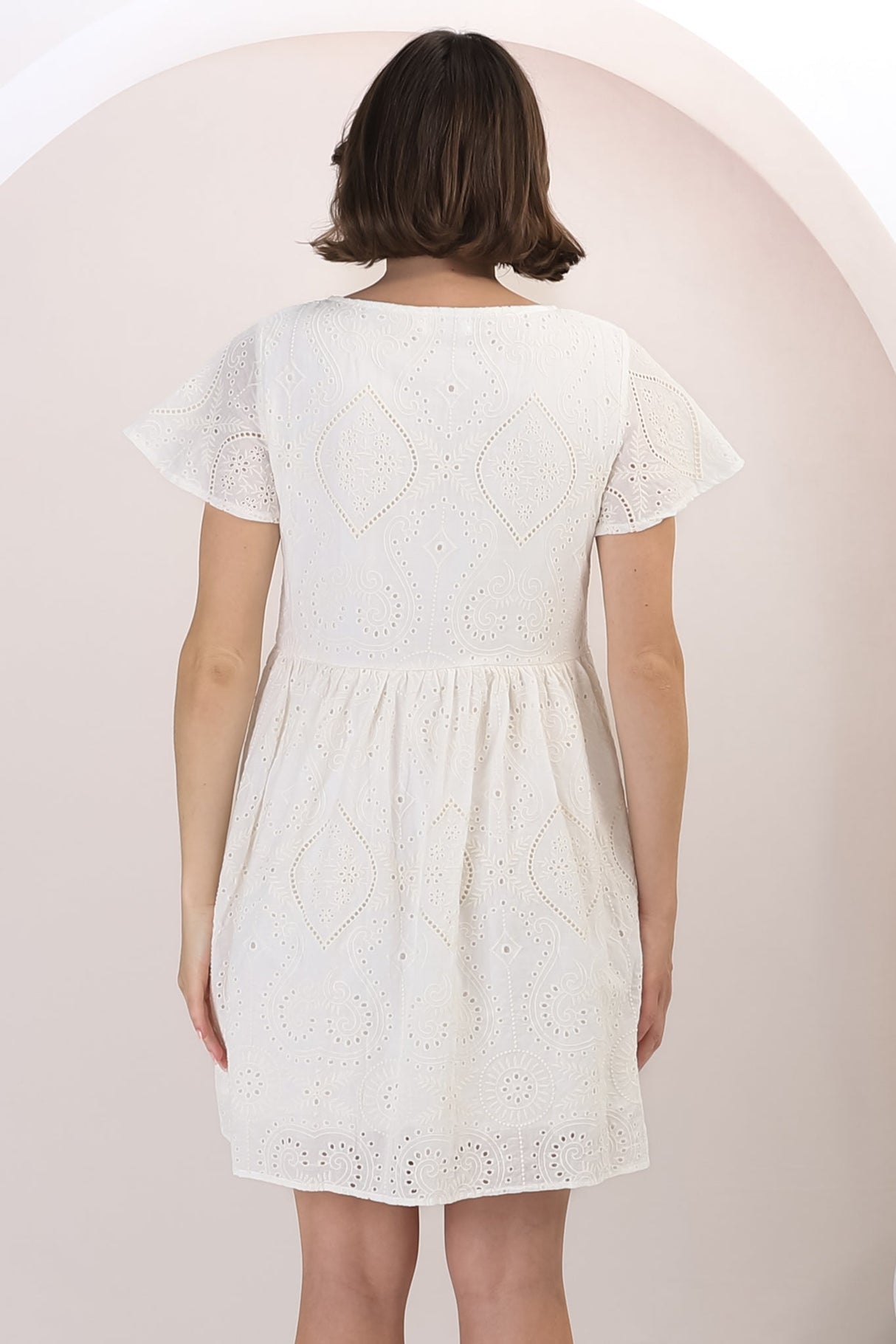 Achanti Mini Dress - Cotton Lace Overlay Cap Sleeve Smock Dress in Oat