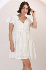 Achanti Mini Dress - Cotton Lace Overlay Cap Sleeve Smock Dress in Oat