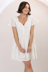 Achanti Mini Dress - Cotton Lace Overlay Cap Sleeve Smock Dress in Oat