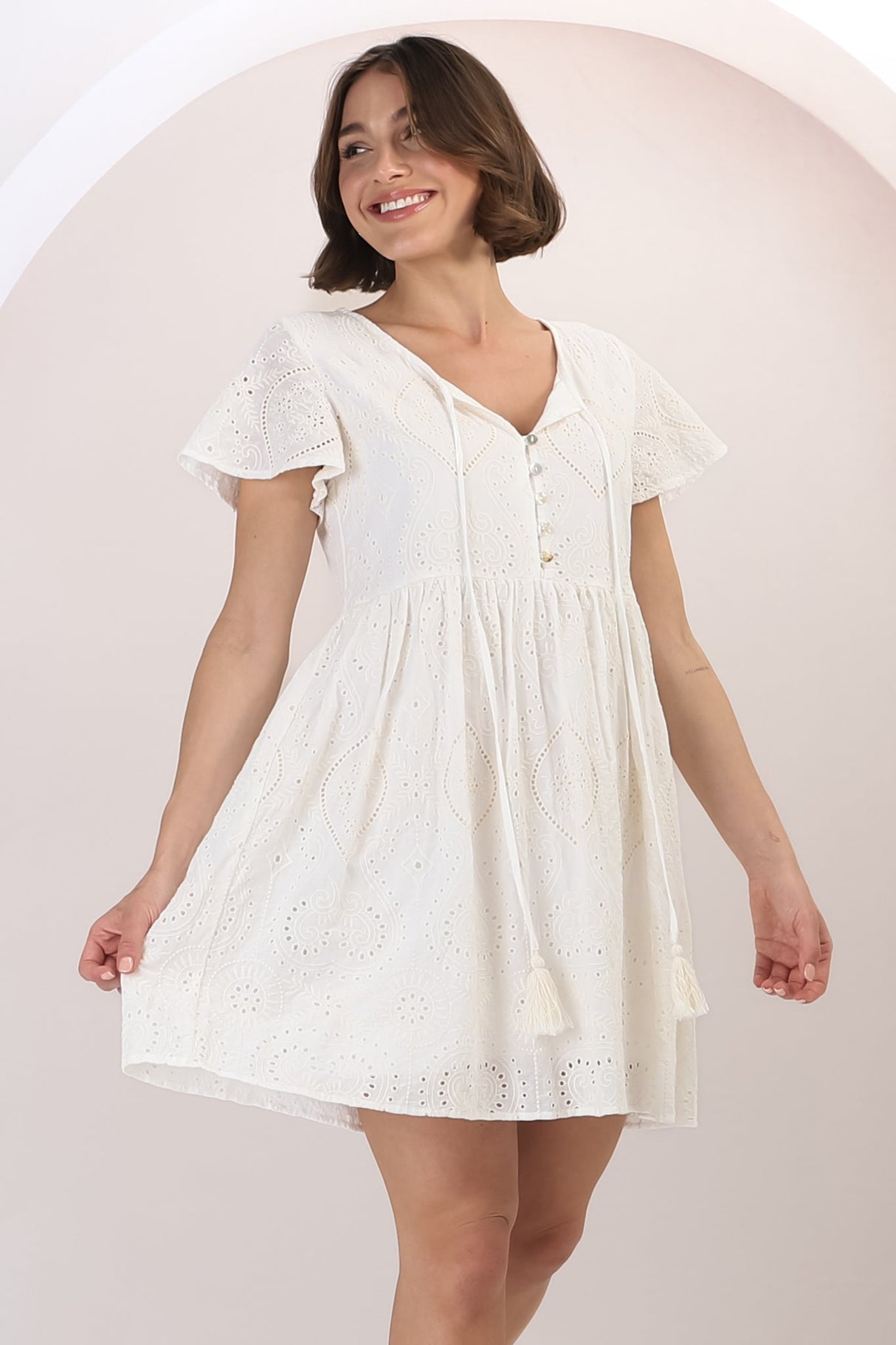 Achanti Mini Dress - Cotton Lace Overlay Cap Sleeve Smock Dress in Oat