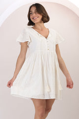 Achanti Mini Dress - Cotton Lace Overlay Cap Sleeve Smock Dress in Oat