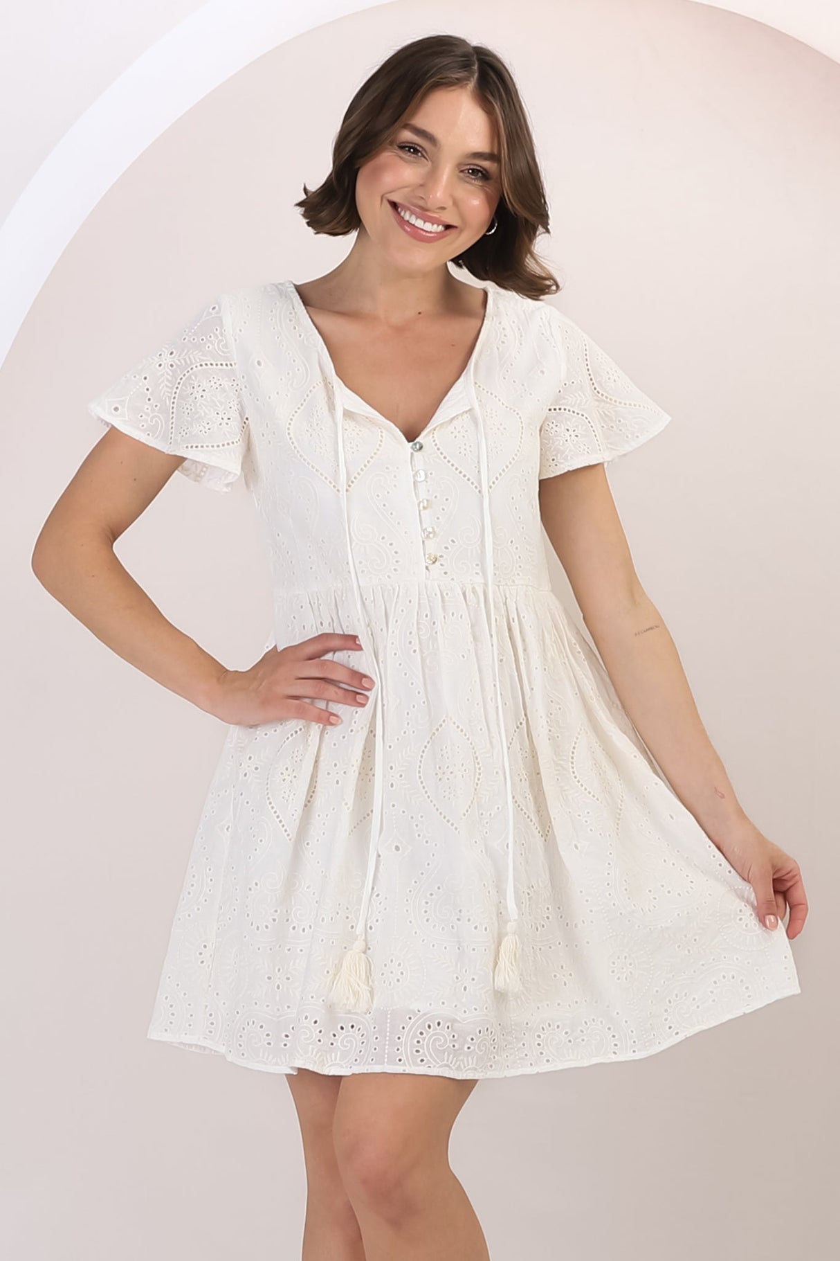 Achanti Mini Dress - Cotton Lace Overlay Cap Sleeve Smock Dress in Oat