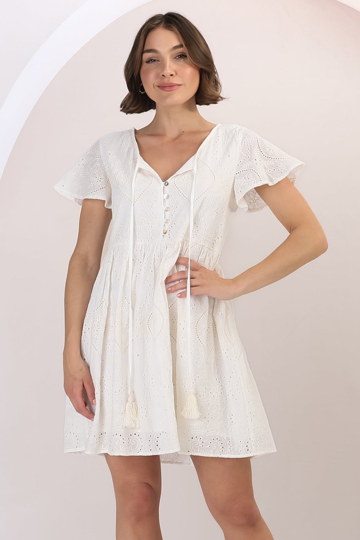 Achanti Mini Dress - Cotton Lace Overlay Cap Sleeve Smock Dress in Oat