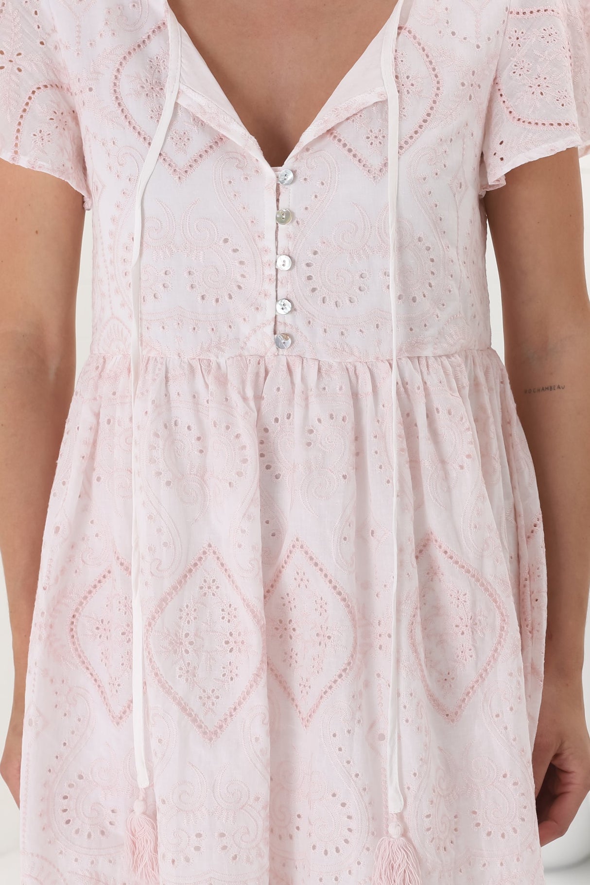 Achanti Mini Dress - Cotton Lace Overlay Cap Sleeve Smock Dress in Pink