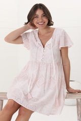 Achanti Mini Dress - Cotton Lace Overlay Cap Sleeve Smock Dress in Pink