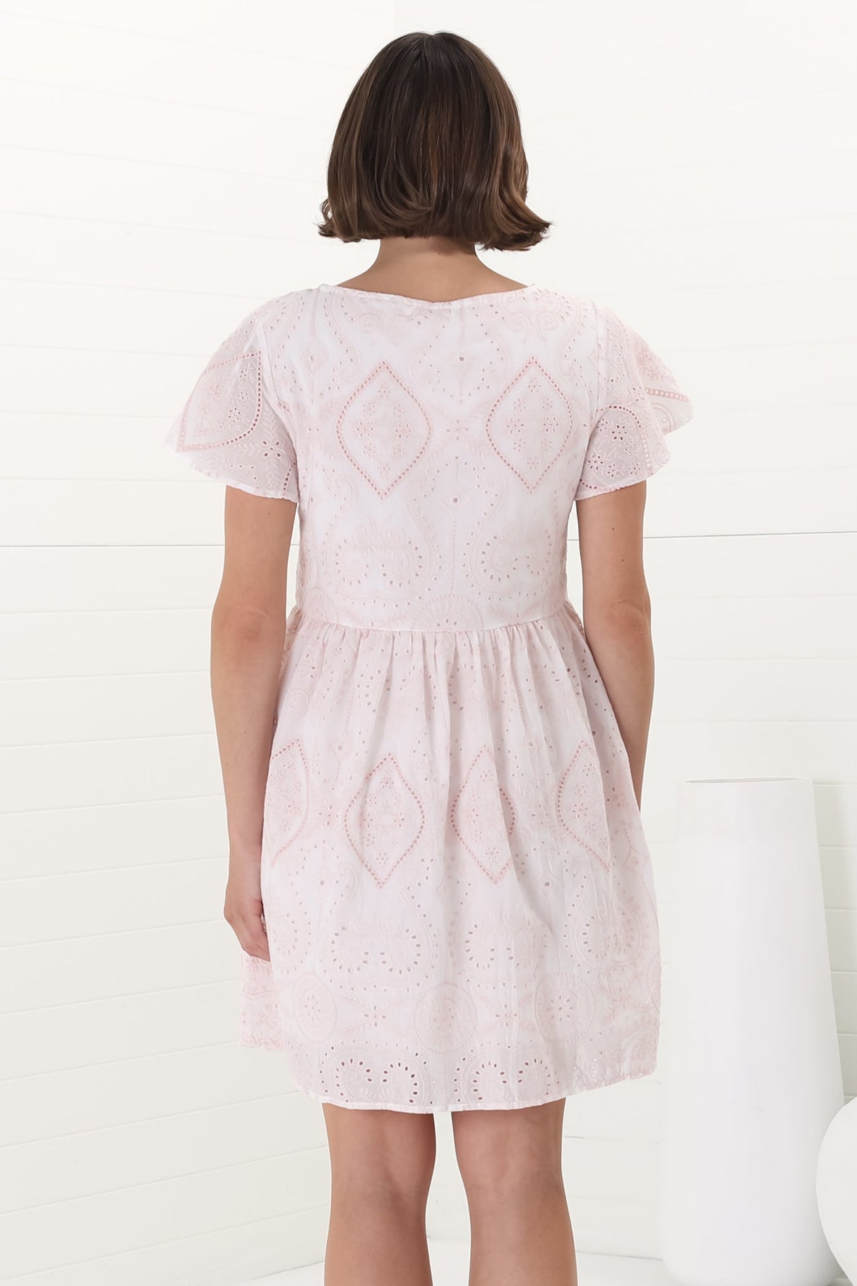 Achanti Mini Dress - Cotton Lace Overlay Cap Sleeve Smock Dress in Pink