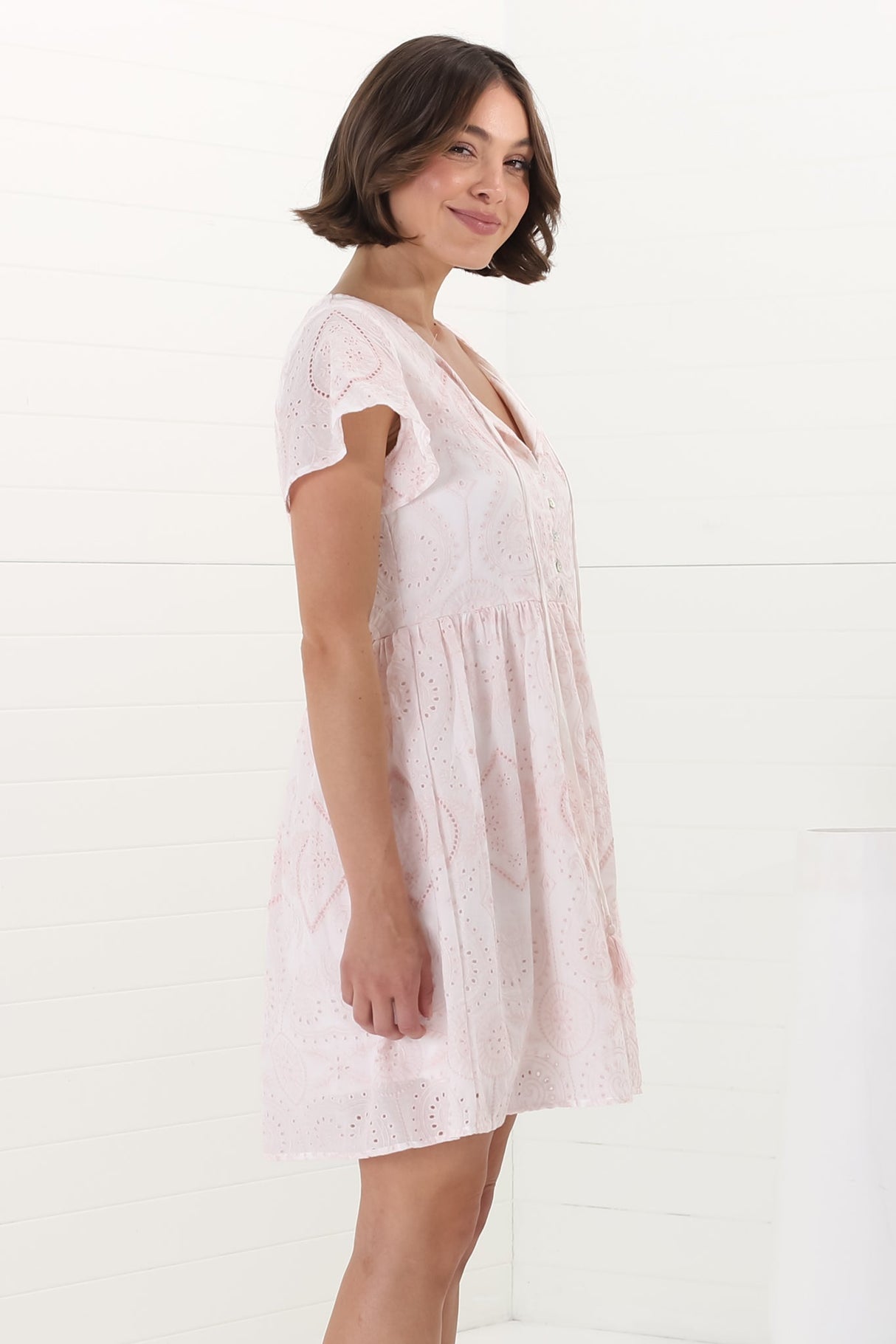 Achanti Mini Dress - Cotton Lace Overlay Cap Sleeve Smock Dress in Pink