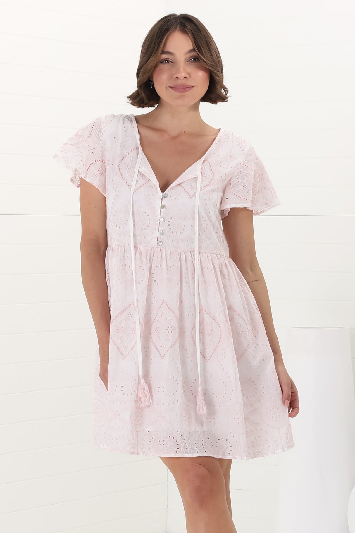 Achanti Mini Dress - Cotton Lace Overlay Cap Sleeve Smock Dress in Pink