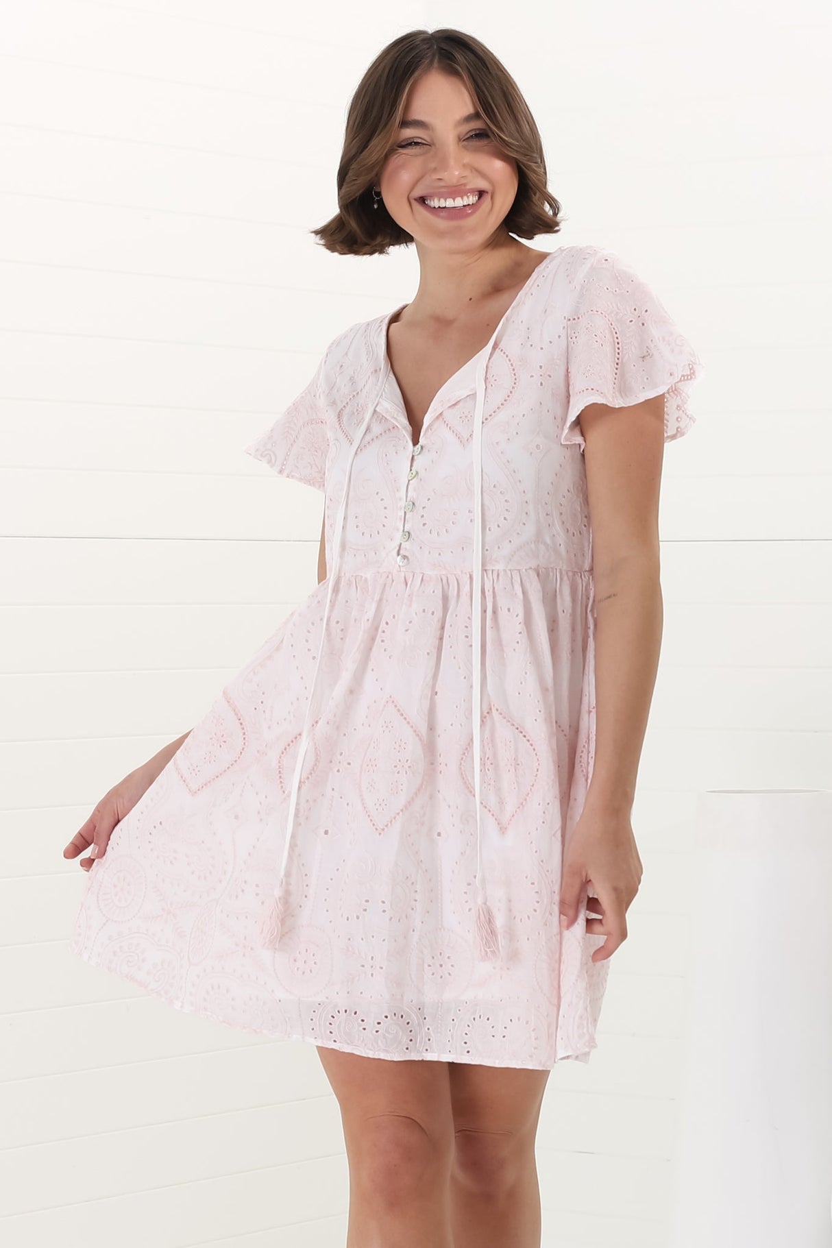 Achanti Mini Dress - Cotton Lace Overlay Cap Sleeve Smock Dress in Pink