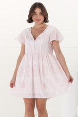 Achanti Mini Dress - Cotton Lace Overlay Cap Sleeve Smock Dress in Pink