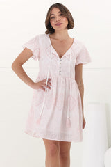 Achanti Mini Dress - Cotton Lace Overlay Cap Sleeve Smock Dress in Pink