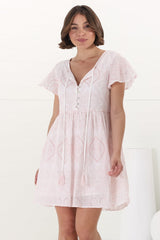 Achanti Mini Dress - Cotton Lace Overlay Cap Sleeve Smock Dress in Pink