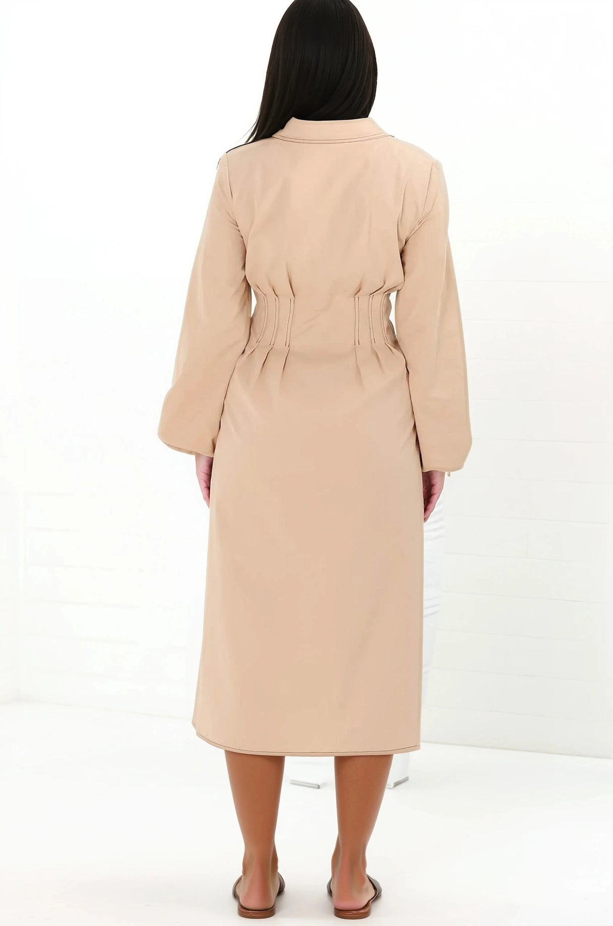 Adalyn Midi Dress - Collared A Line Dress with Cinched Waistline and Contrast Stitching in Beige