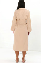 Adalyn Midi Dress - Collared A Line Dress with Cinched Waistline and Contrast Stitching in Beige