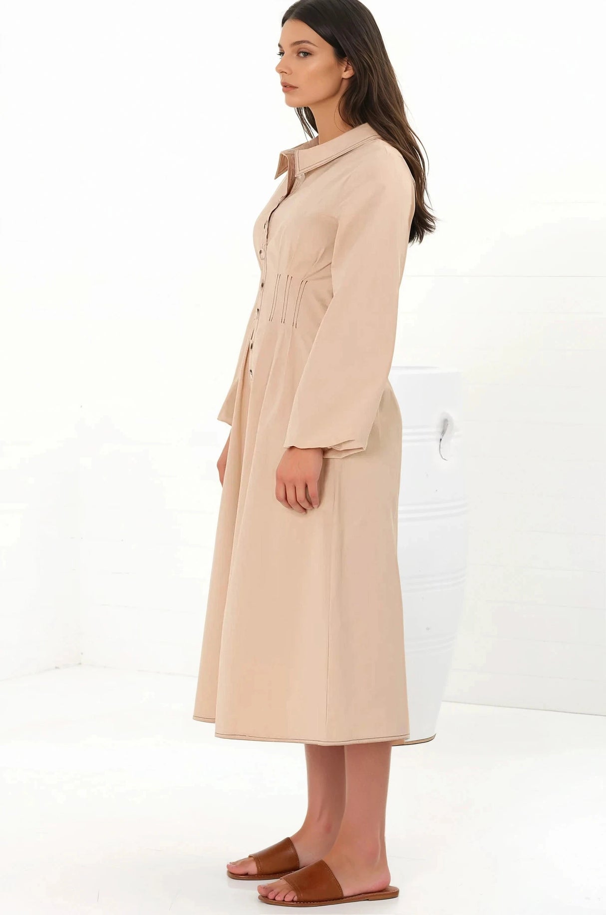Adalyn Midi Dress - Collared A Line Dress with Cinched Waistline and Contrast Stitching in Beige