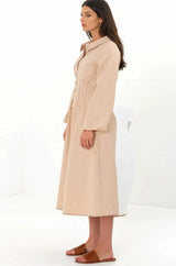 Adalyn Midi Dress - Collared A Line Dress with Cinched Waistline and Contrast Stitching in Beige