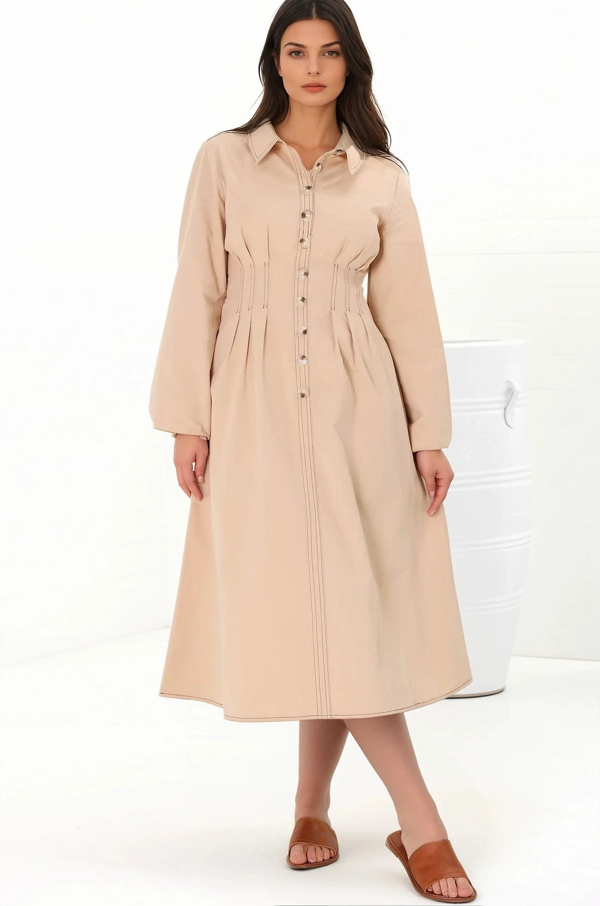 Adalyn Midi Dress - Collared A Line Dress with Cinched Waistline and Contrast Stitching in Beige