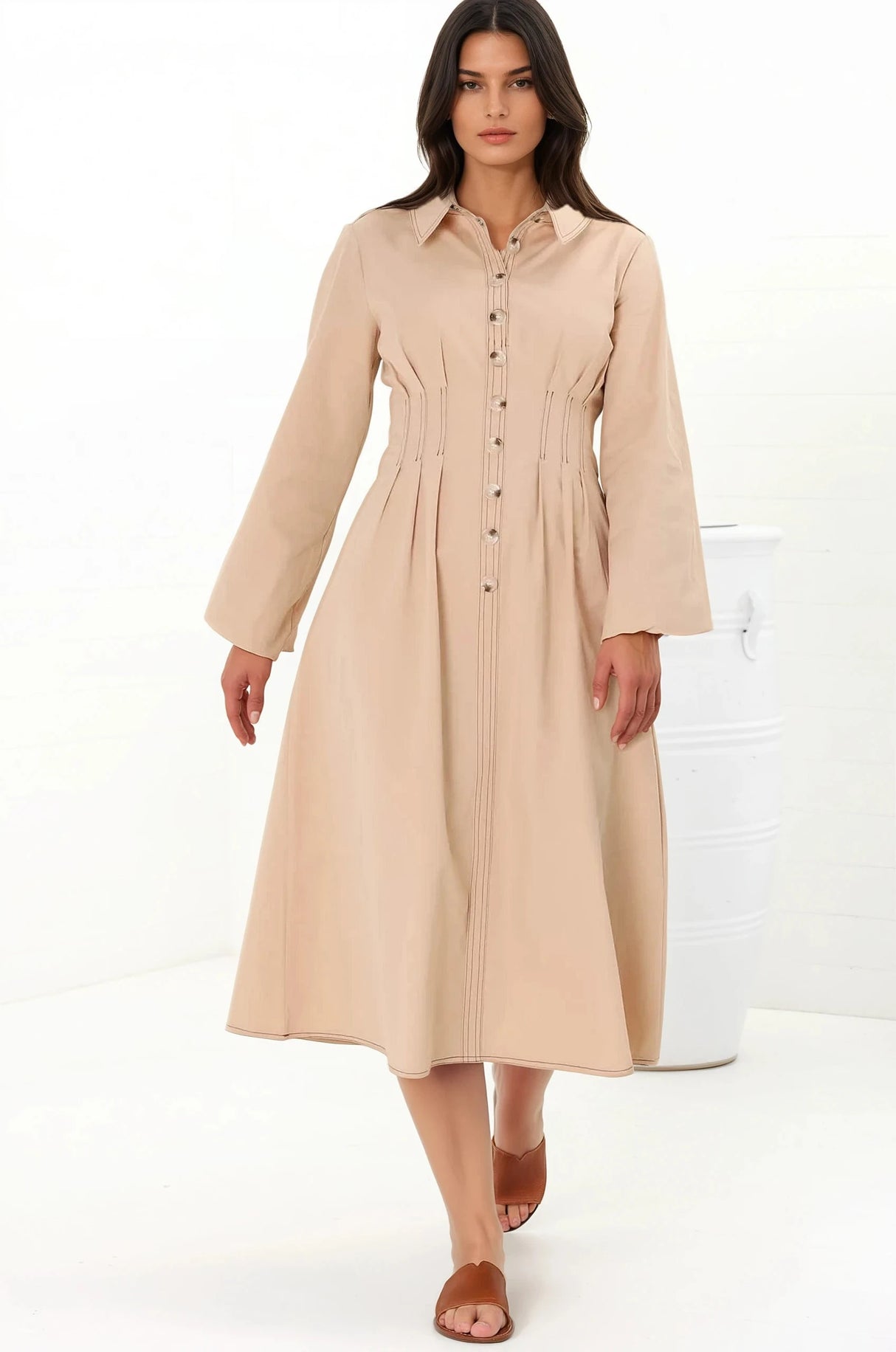 Adalyn Midi Dress - Collared A Line Dress with Cinched Waistline and Contrast Stitching in Beige