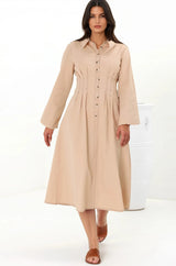 Adalyn Midi Dress - Collared A Line Dress with Cinched Waistline and Contrast Stitching in Beige