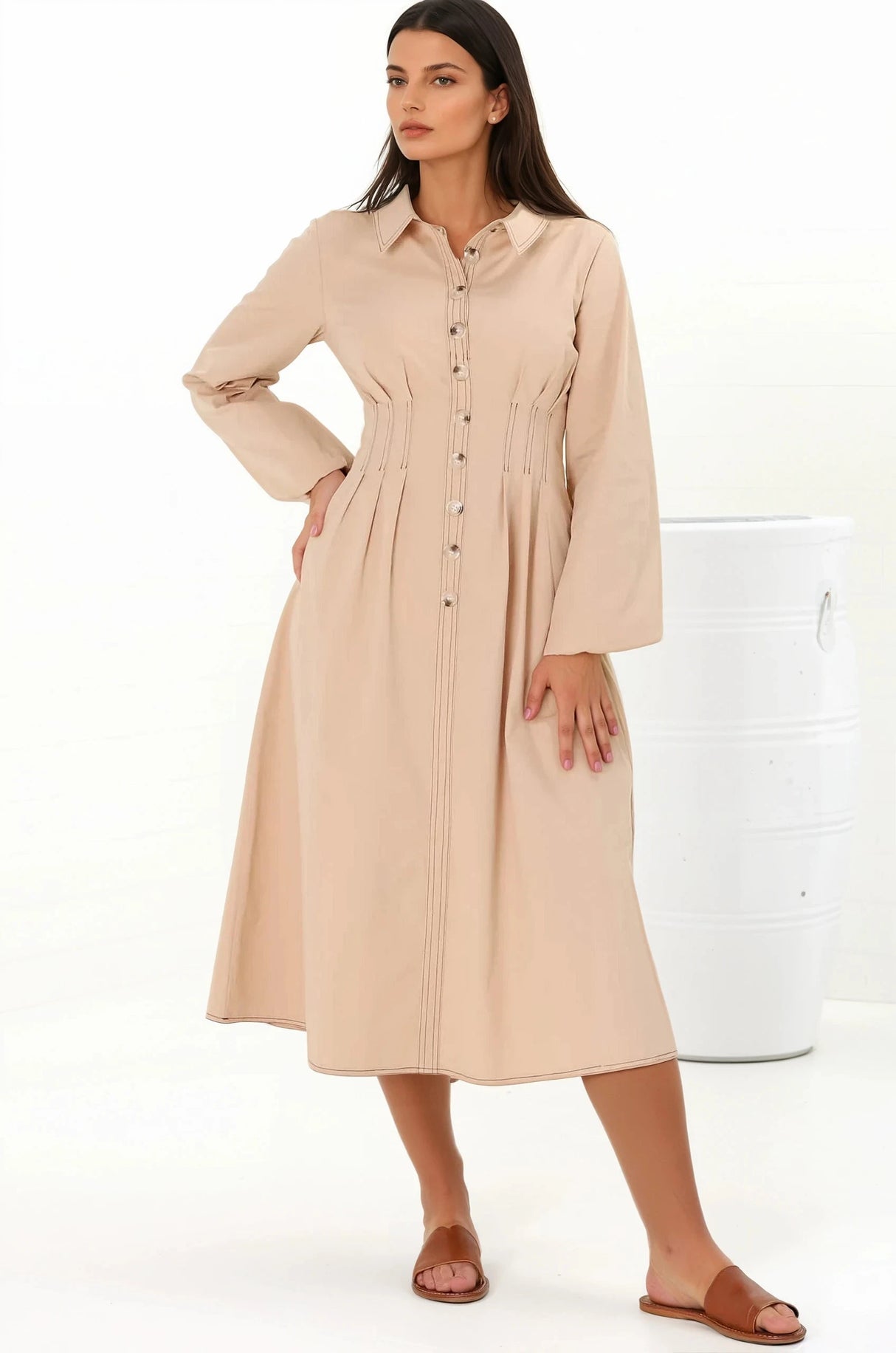 Adalyn Midi Dress - Collared A Line Dress with Cinched Waistline and Contrast Stitching in Beige