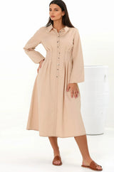 Adalyn Midi Dress - Collared A Line Dress with Cinched Waistline and Contrast Stitching in Beige