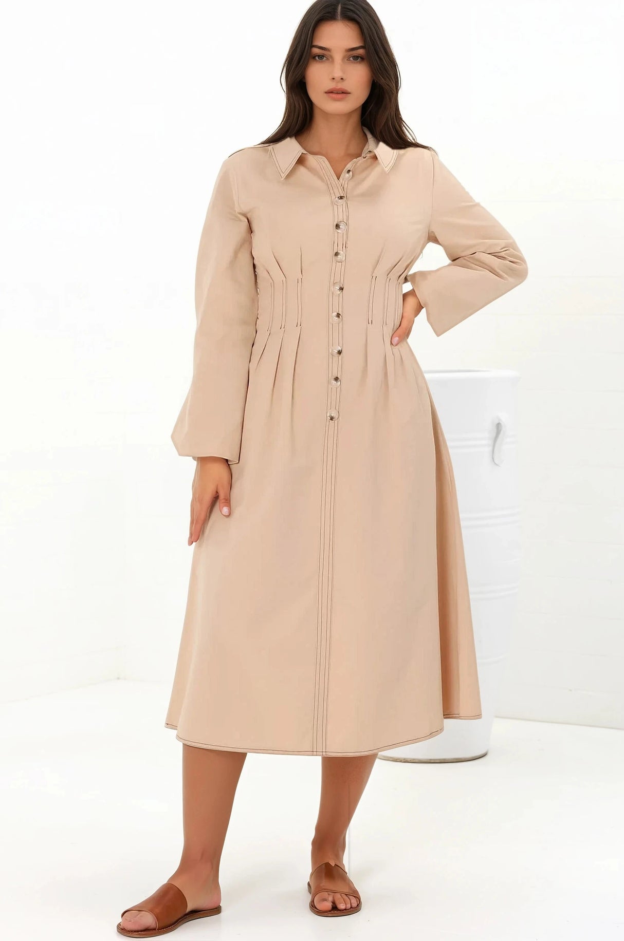 Adalyn Midi Dress - Collared A Line Dress with Cinched Waistline and Contrast Stitching in Beige