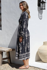 Adalyn Midi Dress - Collared A Line Dress with Cinched Waistline and Contrast Stitching in Varly Print Black