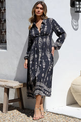 Adalyn Midi Dress - Collared A Line Dress with Cinched Waistline and Contrast Stitching in Varly Print Black