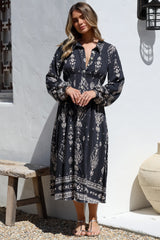 Adalyn Midi Dress - Collared A Line Dress with Cinched Waistline and Contrast Stitching in Varly Print Black