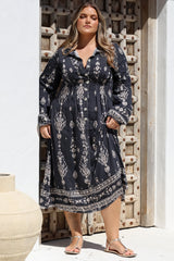 Adalyn Midi Dress - Collared A Line Dress with Cinched Waistline and Contrast Stitching in Varly Print Black