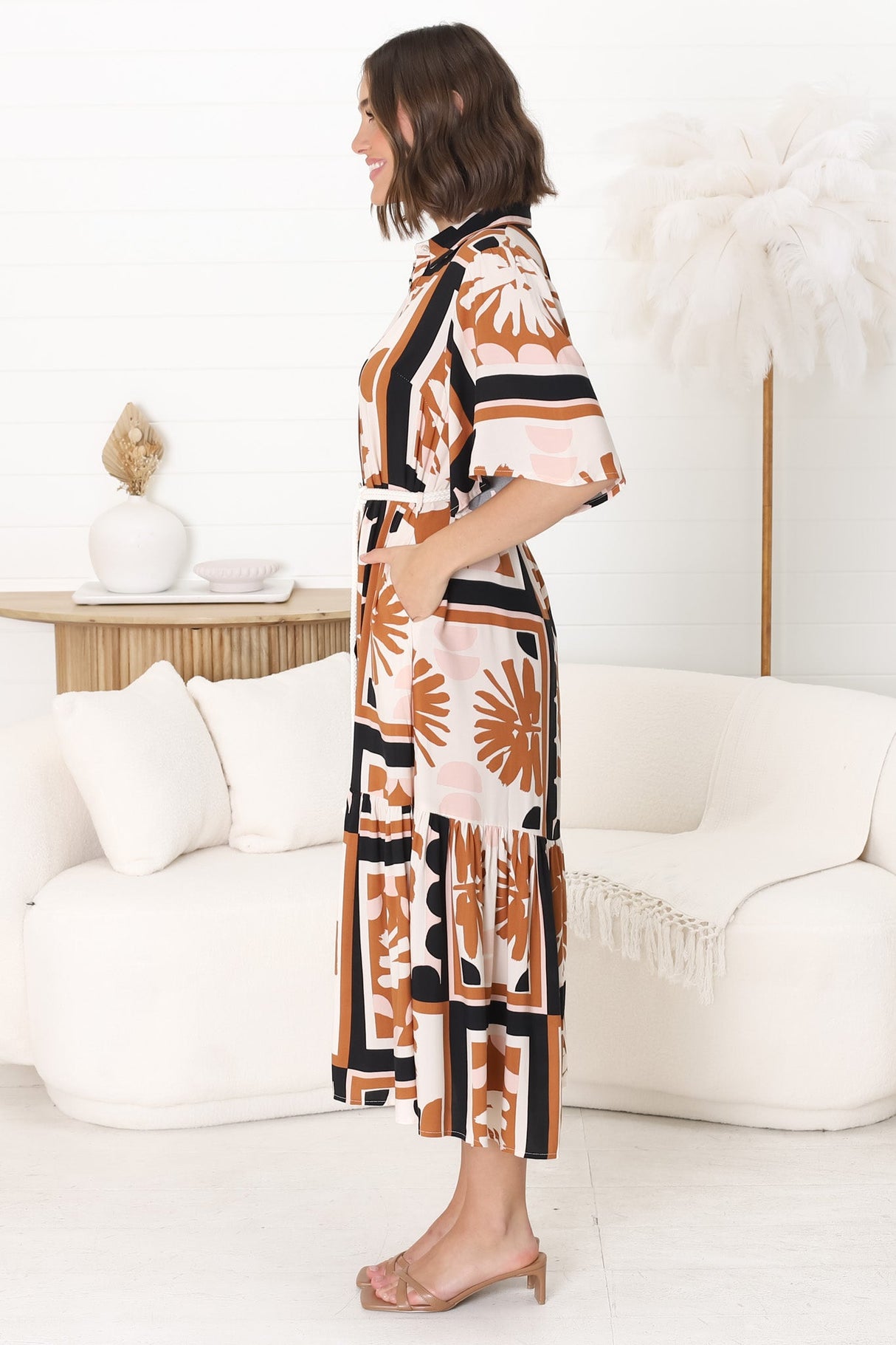 Addax Midi Dress - Collared Button Down Dress with Bell Sleeves and Ruffle Hem in Zuni Print