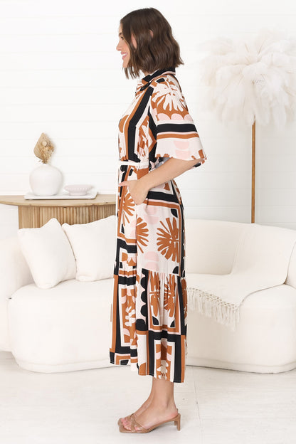 Addax Midi Dress - Collared Button Down Dress with Bell Sleeves and Ruffle Hem in Zuni Print