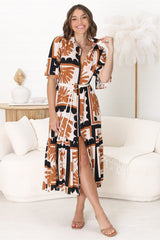 Addax Midi Dress - Collared Button Down Dress with Bell Sleeves and Ruffle Hem in Zuni Print