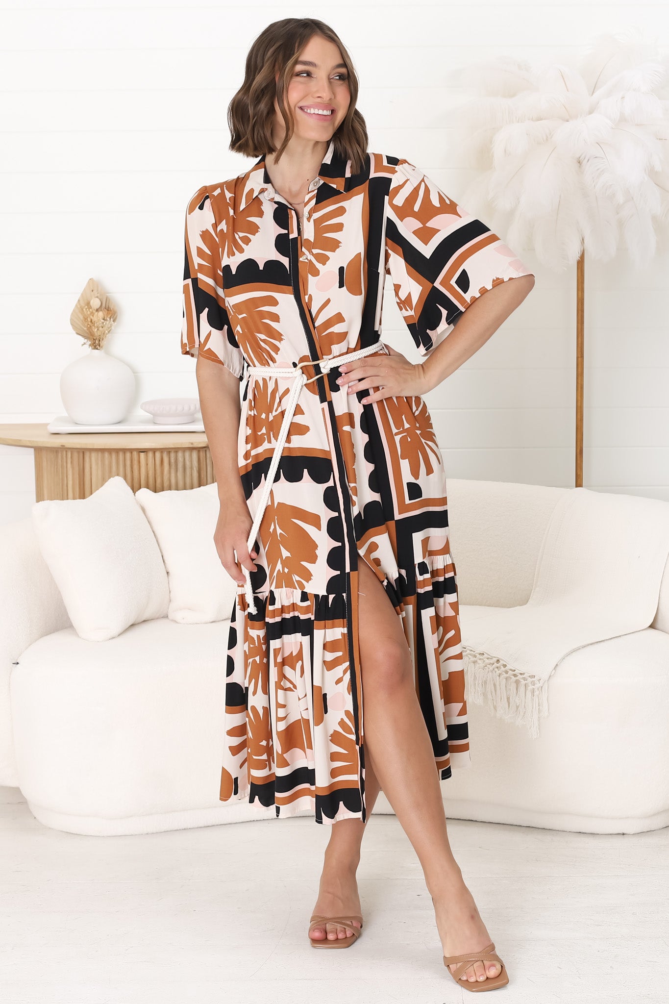 Addax Midi Dress - Collared Button Down Dress with Bell Sleeves and Ruffle Hem in Zuni Print