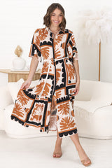 Addax Midi Dress - Collared Button Down Dress with Bell Sleeves and Ruffle Hem in Zuni Print