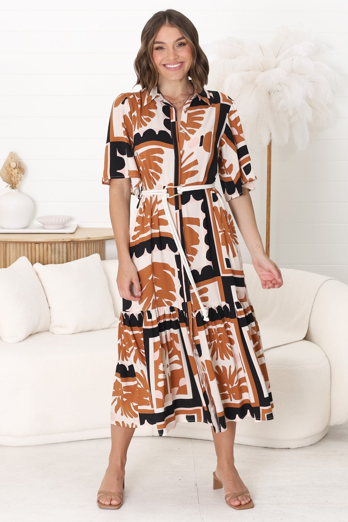 Addax Midi Dress - Collared Button Down Dress with Bell Sleeves and Ruffle Hem in Zuni Print